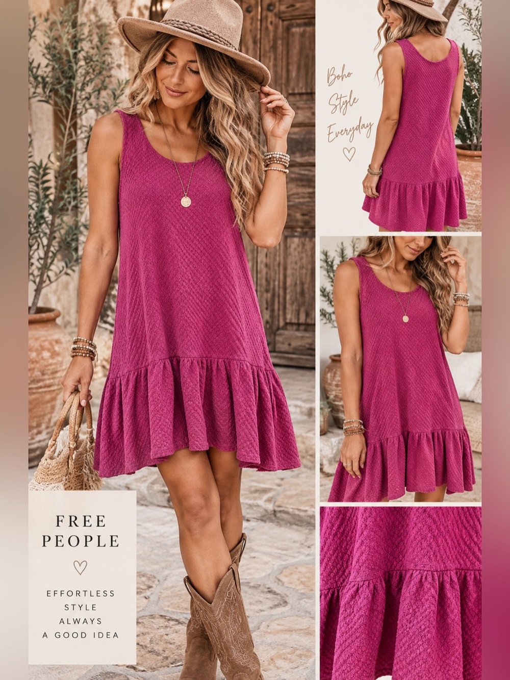 Free People Magenta Textured Drop-Waist Ruffle Dress